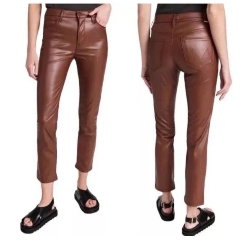 MOTHER Brown Cropped Faux-Leather Ankle Pants